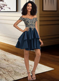 Savannah A-Line Off-the-Shoulder Short/Mini Satin Homecoming Dress With Lace UKP0015051