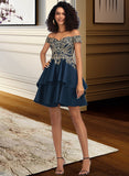 Savannah A-Line Off-the-Shoulder Short/Mini Satin Homecoming Dress With Lace UKP0015051