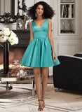 Nell A-Line V-neck Short/Mini Satin Homecoming Dress With Pockets UKP0015058