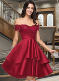 Saniyah A-Line Off-the-Shoulder Knee-Length Satin Homecoming Dress With Lace Sequins UKP0015060