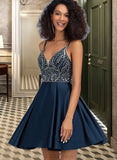 Lucia A-Line V-neck Short/Mini Satin Homecoming Dress With Beading Sequins Pockets UKP0015076