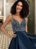 Lucia A-Line V-neck Short/Mini Satin Homecoming Dress With Beading Sequins Pockets UKP0015076