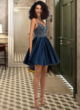 Lucia A-Line V-neck Short/Mini Satin Homecoming Dress With Beading Sequins Pockets UKP0015076