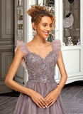 Salma A-Line V-neck Knee-Length Tulle Homecoming Dress With Lace Cascading Ruffles UKP0015130