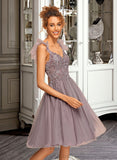 Salma A-Line V-neck Knee-Length Tulle Homecoming Dress With Lace Cascading Ruffles UKP0015130