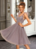 Salma A-Line V-neck Knee-Length Tulle Homecoming Dress With Lace Cascading Ruffles UKP0015130