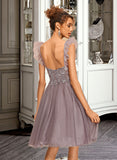 Salma A-Line V-neck Knee-Length Tulle Homecoming Dress With Lace Cascading Ruffles UKP0015130