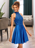 Denisse A-Line High Neck Short/Mini Satin Homecoming Dress With Lace Sequins UKP0015136