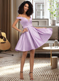 Melina A-Line Off-the-Shoulder Short/Mini Satin Homecoming Dress With Bow(s) Pockets UKP0015139