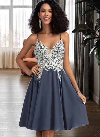 Kyra A-Line V-neck Short/Mini Chiffon Homecoming Dress With Lace Beading Sequins UKP0015182