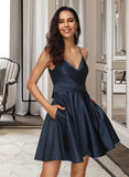 Audrey A-line V-Neck Short/Mini Satin Homecoming Dress With Pleated UKP0015230