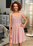 Donna A-Line V-neck Short/Mini Chiffon Homecoming Dress With Lace UKP0015268