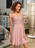 Donna A-Line V-neck Short/Mini Chiffon Homecoming Dress With Lace UKP0015268