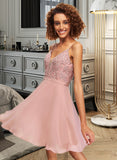 Donna A-Line V-neck Short/Mini Chiffon Homecoming Dress With Lace UKP0015268