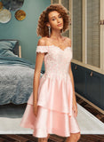 Henrietta A-Line Off-the-Shoulder Knee-Length Satin Homecoming Dress With Lace Sequins UKP0015275