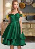 Michaela A-line Off the Shoulder Knee-Length Satin Homecoming Dress With Ruffle UKP0015284