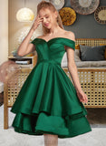 Michaela A-line Off the Shoulder Knee-Length Satin Homecoming Dress With Ruffle UKP0015284