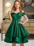 Michaela A-line Off the Shoulder Knee-Length Satin Homecoming Dress With Ruffle UKP0015284