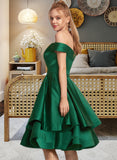 Michaela A-line Off the Shoulder Knee-Length Satin Homecoming Dress With Ruffle UKP0015284