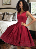 Erika A-line V-Neck Knee-Length Satin Homecoming Dress With Appliques Lace UKP0015307