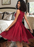 Erika A-line V-Neck Knee-Length Satin Homecoming Dress With Appliques Lace UKP0015307