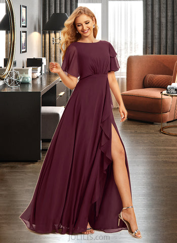 Zion A-Line Scoop Neck Floor-Length Bridesmaid Dress With Ruffle Split Front UKP0015336