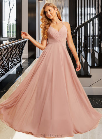 Lilith A-Line V-neck Floor-Length Bridesmaid Dress With Ruffle UKP0015350