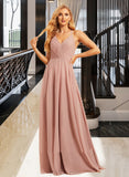 Lilith A-Line V-neck Floor-Length Bridesmaid Dress With Ruffle UKP0015350