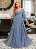 Casey A-Line V-neck Floor-Length Bridesmaid Dress With Ruffle UKP0015352