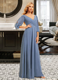 Casey A-Line V-neck Floor-Length Bridesmaid Dress With Ruffle UKP0015352