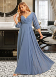 Casey A-Line V-neck Floor-Length Bridesmaid Dress With Ruffle UKP0015352