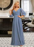 Casey A-Line V-neck Floor-Length Bridesmaid Dress With Ruffle UKP0015352