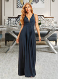 Elliana A-Line V-neck Floor-Length Bridesmaid Dress With Ruffle UKP0015356