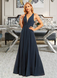 Elliana A-Line V-neck Floor-Length Bridesmaid Dress With Ruffle UKP0015356