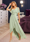 Gisselle A-Line V-neck Asymmetrical Bridesmaid Dress With Ruffle UKP0015359