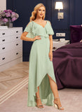 Gisselle A-Line V-neck Asymmetrical Bridesmaid Dress With Ruffle UKP0015359