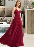 Sarahi A-Line V-neck Floor-Length Chiffon Bridesmaid Dress With Ruffle UKP0015364