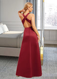 Pat A-Line V-neck Floor-Length Bridesmaid Dress With Ruffle Split Front UKP0015365