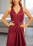 Pat A-Line V-neck Floor-Length Bridesmaid Dress With Ruffle Split Front UKP0015365