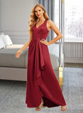 Pat A-Line V-neck Floor-Length Bridesmaid Dress With Ruffle Split Front UKP0015365