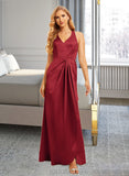 Pat A-Line V-neck Floor-Length Bridesmaid Dress With Ruffle Split Front UKP0015365