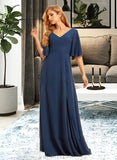 Shiloh A-Line V-neck Floor-Length Bridesmaid Dress With Split Front UKP0015366