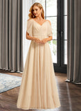 Louisa A-Line V-neck Floor-Length Bridesmaid Dress With Split Front UKP0015369