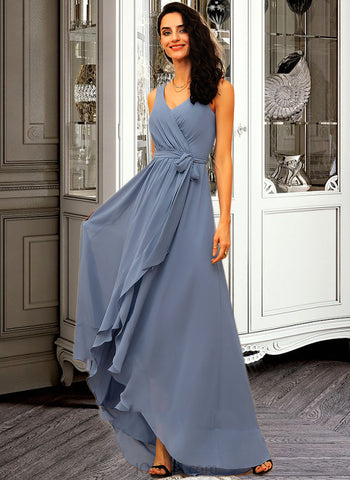 Jaelynn A-Line V-neck Asymmetrical Chiffon Bridesmaid Dress With Ruffle Bow(s) UKP0015372