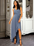 Jaelynn A-Line V-neck Asymmetrical Chiffon Bridesmaid Dress With Ruffle Bow(s) UKP0015372