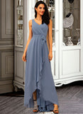 Jaelynn A-Line V-neck Asymmetrical Chiffon Bridesmaid Dress With Ruffle Bow(s) UKP0015372