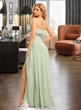 Summer A-Line V-neck Floor-Length Bridesmaid Dress With Ruffle Split Front UKP0015373