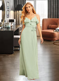 Summer A-Line V-neck Floor-Length Bridesmaid Dress With Ruffle Split Front UKP0015373