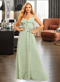 Summer A-Line V-neck Floor-Length Bridesmaid Dress With Ruffle Split Front UKP0015373