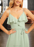 Summer A-Line V-neck Floor-Length Bridesmaid Dress With Ruffle Split Front UKP0015373